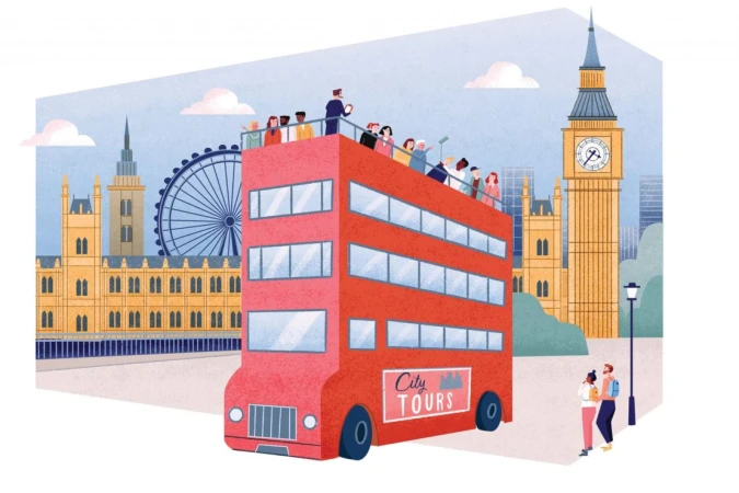 Whimsical illustration of a red double-decker bus with tourists against a backdrop of London landmarks like the London Eye and Big Ben.