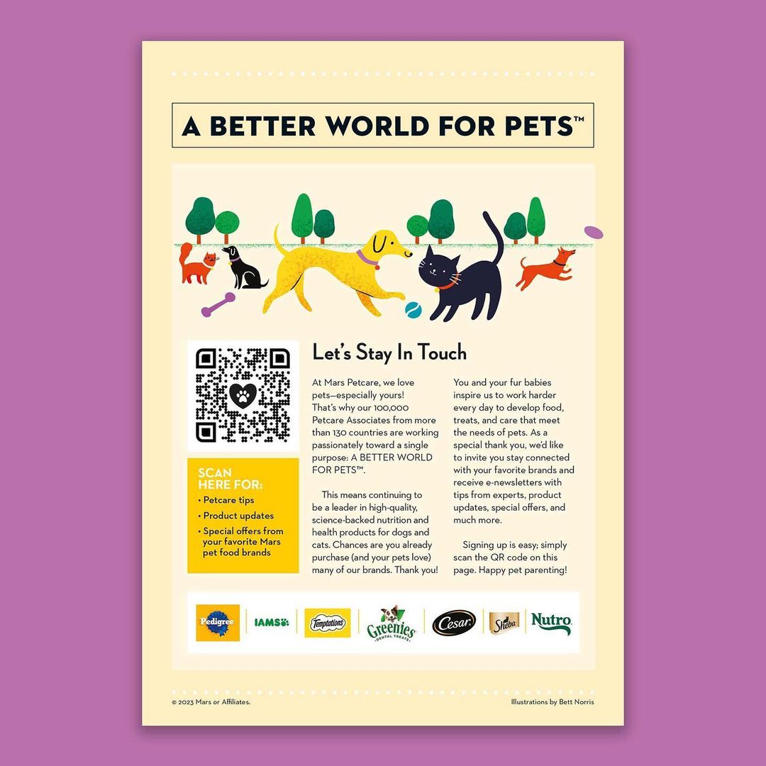 Pet food marketing poster featuring illustrations of cats and dogs with a QR code and information about pet care and product updates.