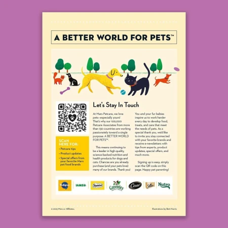 Pet food marketing poster featuring illustrations of cats and dogs with a QR code and information about pet care and product updates.