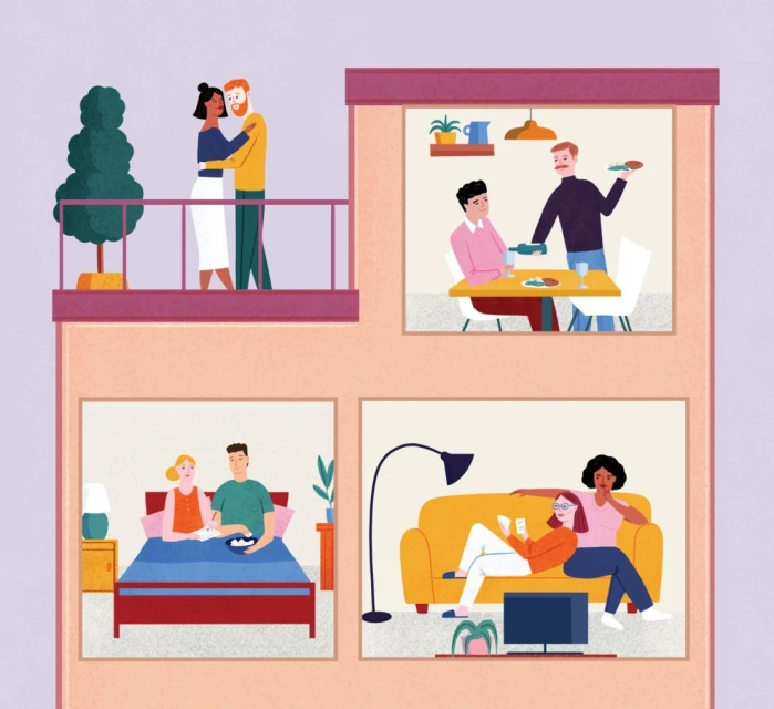 Illustration of multi-story building with four apartments, each featuring different couples in domestic situations. Colourful, indoor.