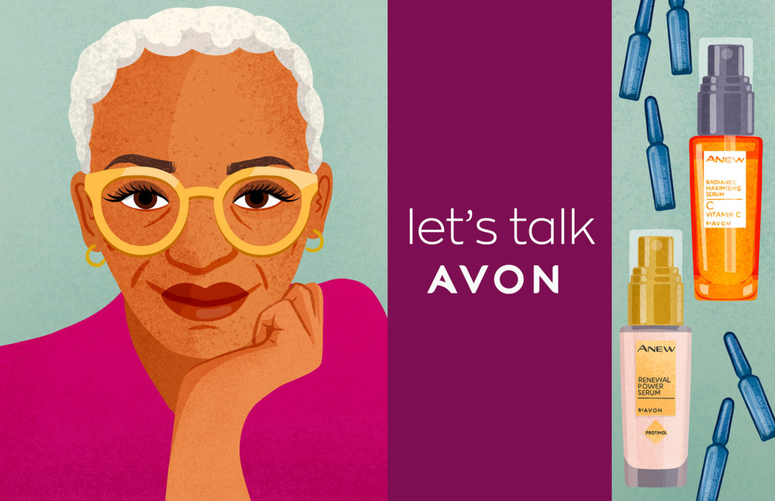 Illustrated advertisement for Avon beauty products featuring an elderly woman with glasses, alongside skincare bottles and ampoules on a split purple and teal background.