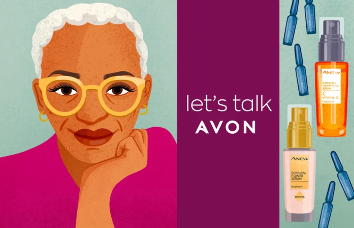 Illustrated advertisement for Avon beauty products featuring an elderly woman with glasses, alongside skincare bottles and ampoules on a split purple and teal background.