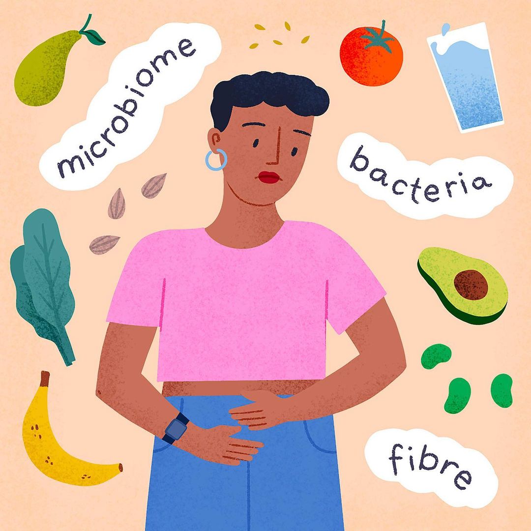 Illustration of woman with abdominal pain surrounded by healthy food items and text related to gut health, presented in a modern style.