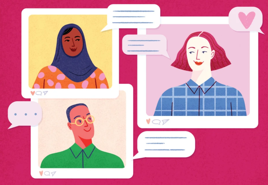 Illustration of three diverse people in social media profile frames with speech bubbles on a pink background.