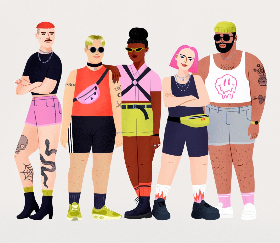 Illustration of five fashionably dressed individuals standing side-by-side, showcasing diverse styles, colors, and accessories in a studio setting.
