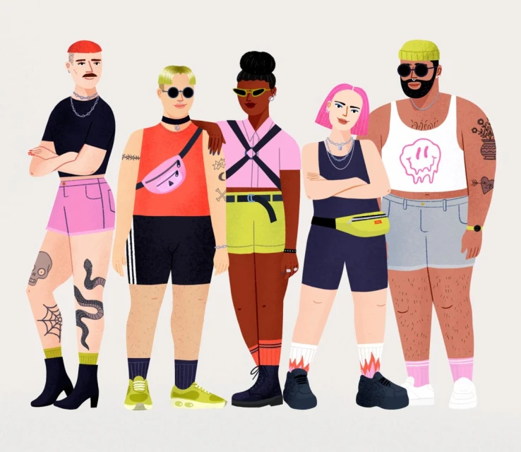 Illustration of five fashionably dressed individuals standing side-by-side, showcasing diverse styles, colors, and accessories in a studio setting.