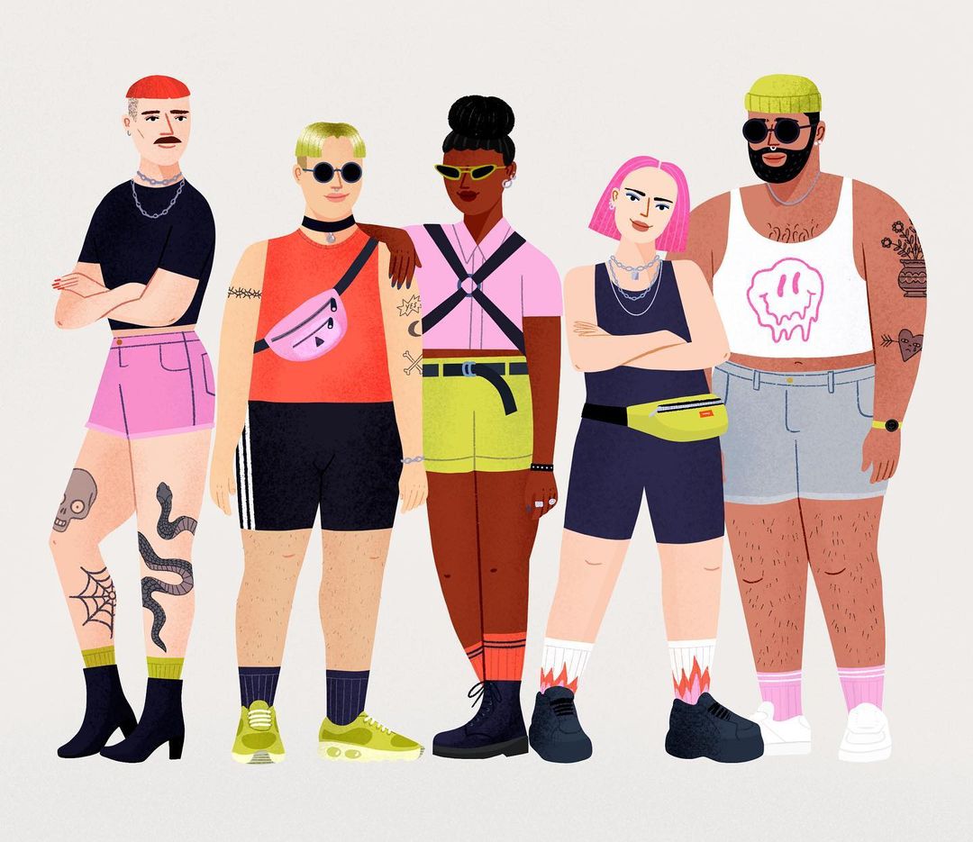 Illustration of five diverse adults in shorts, socks, and fanny packs. They wear solid-color tops against a plain background in a digital painting.
