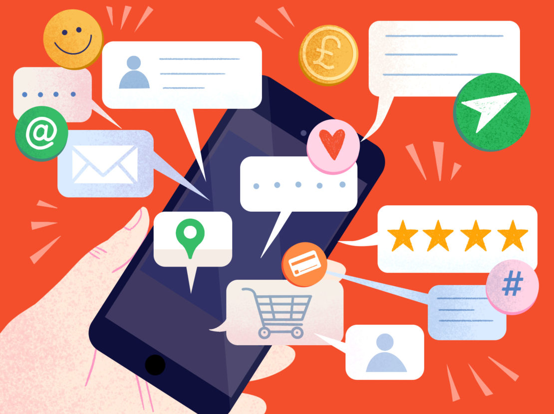 Illustration of a hand holding a smartphone with speech bubbles and various icons representing digital communication.