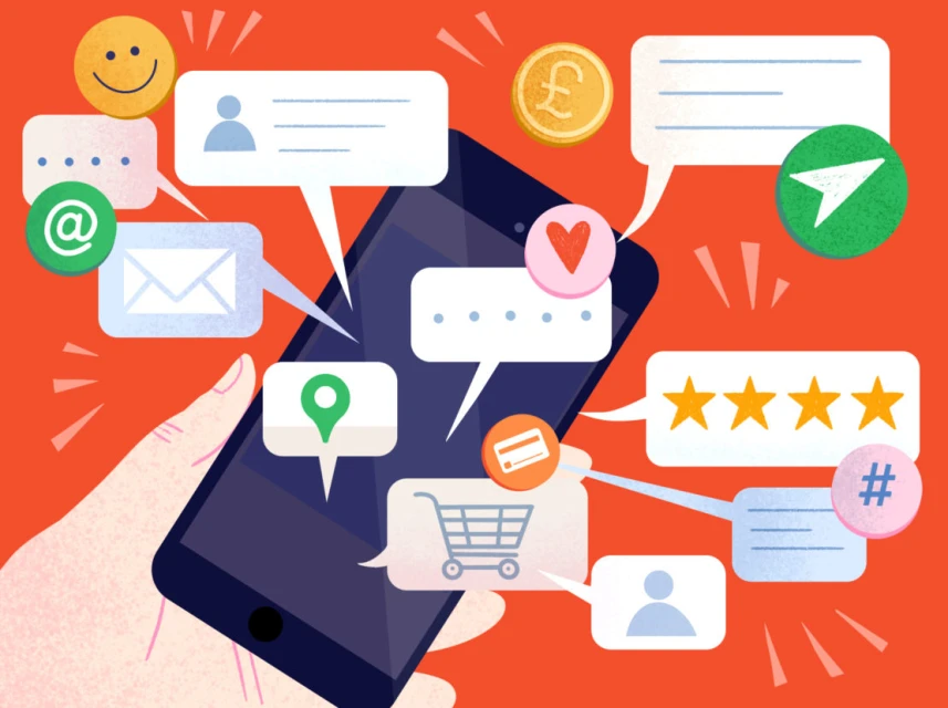 Illustration of a hand holding a smartphone with speech bubbles and various icons representing digital communication.