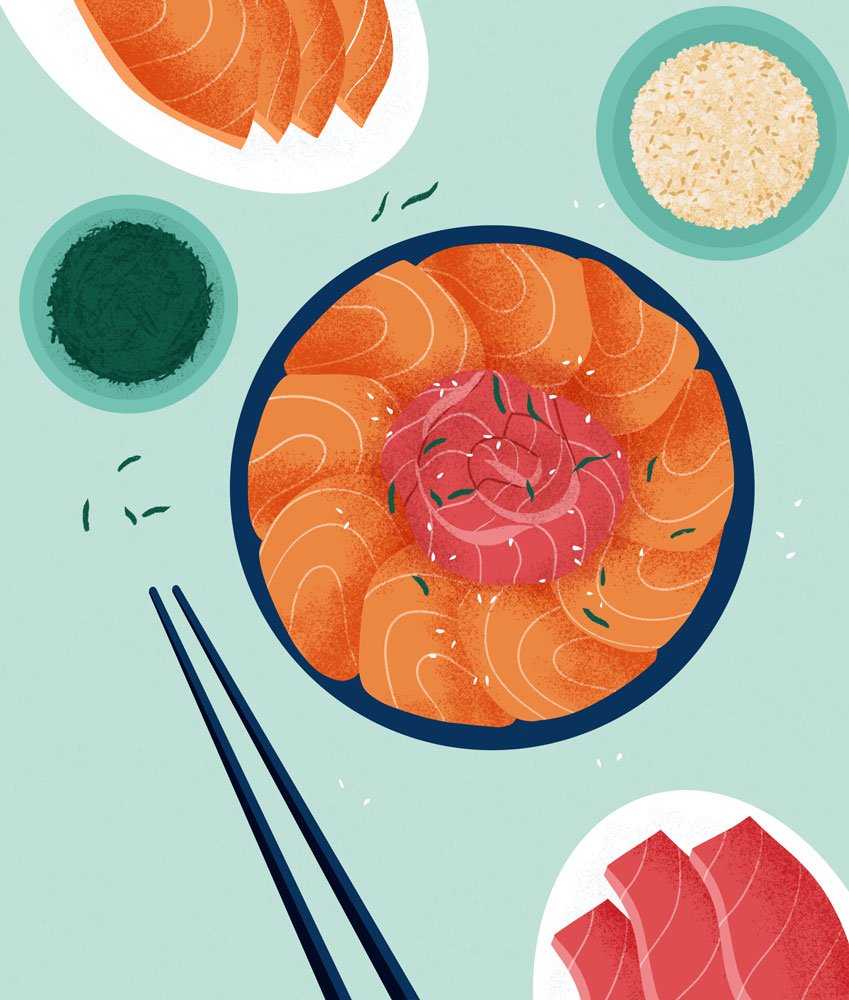 Overhead view illustration of a seafood dish with salmon and tuna arranged around a blue plate, complemented by chopsticks and ingredients.