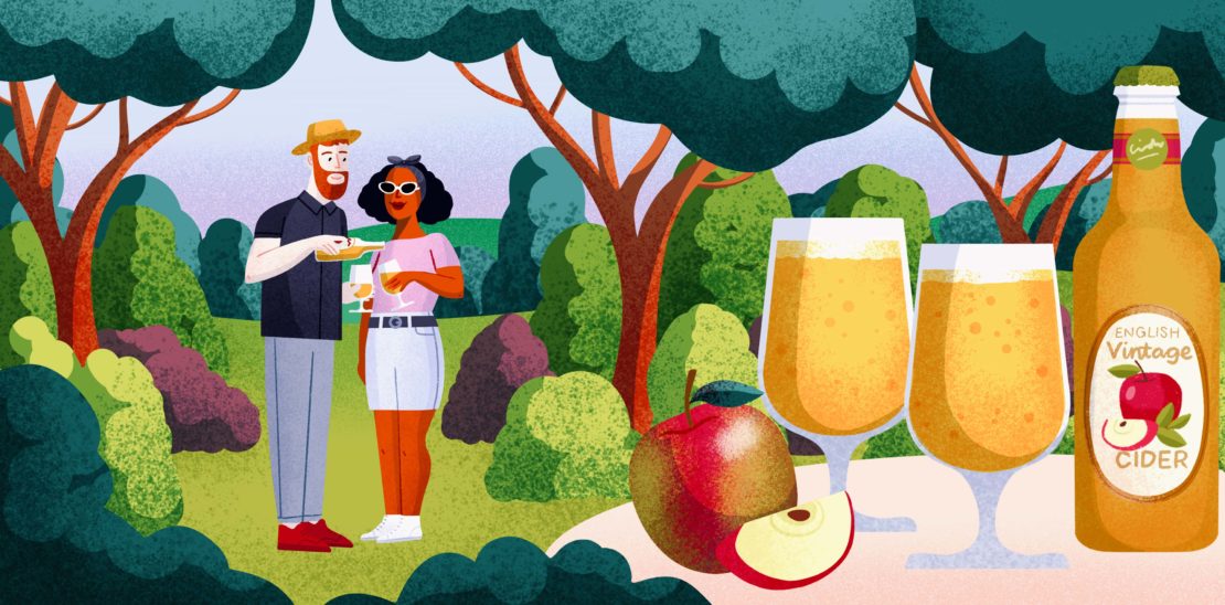 Illustration of a couple enjoying cider at a picnic in a park setting with trees, beverages, and a bottle of cider.