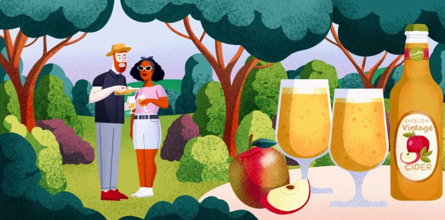 Illustration of a couple enjoying cider at a picnic in a park setting with trees, beverages, and a bottle of cider.