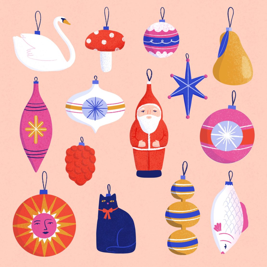 A collection of whimsical Christmas ornament illustrations featuring a swan, mushroom, Santa, cat, star, fish, and retro ball shapes.
