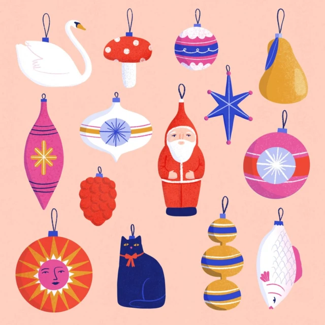 A collection of whimsical Christmas ornament illustrations featuring a swan, mushroom, Santa, cat, star, fish, and retro ball shapes.