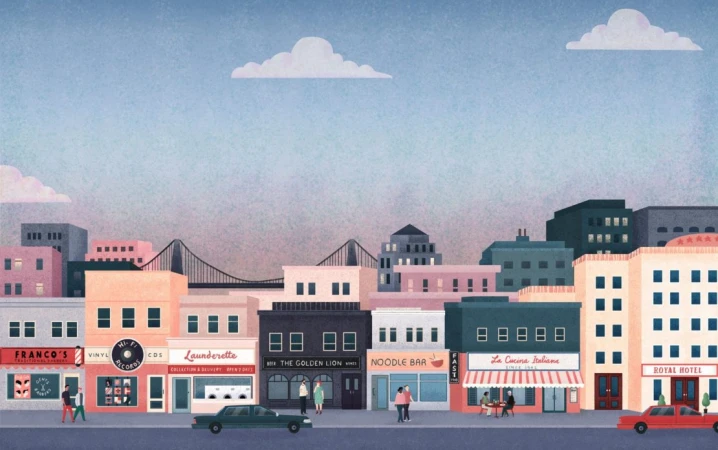 Illustration of a colorful urban street with various storefronts, including restaurants, a record store, a laundromat, and a hotel.