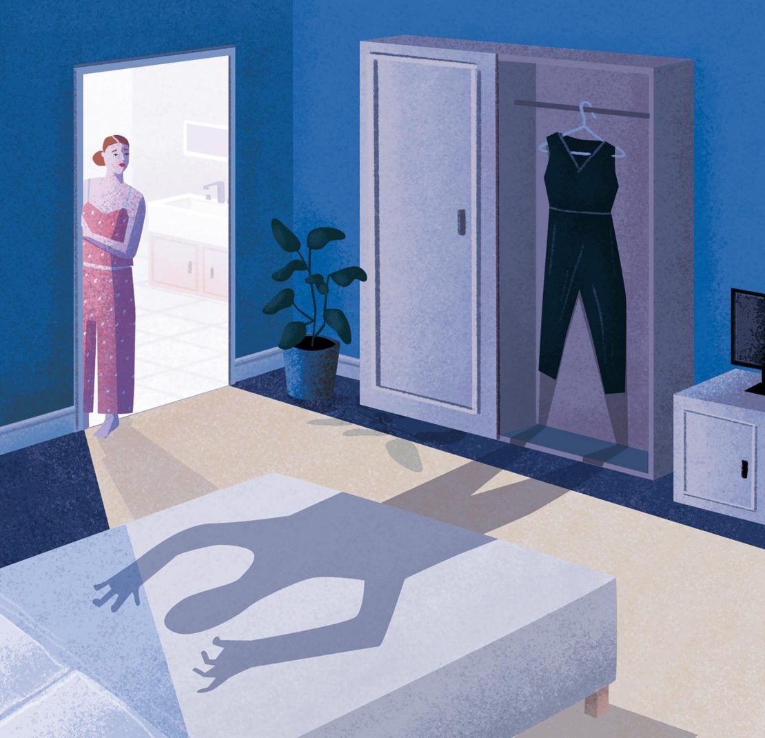 Illustration of a woman in pajamas looking into a dark bedroom, where the shadow of a person is cast on the bed.