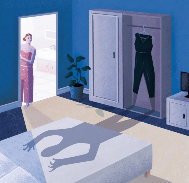 Illustration of a woman in pajamas looking into a dark bedroom, where the shadow of a person is cast on the bed.