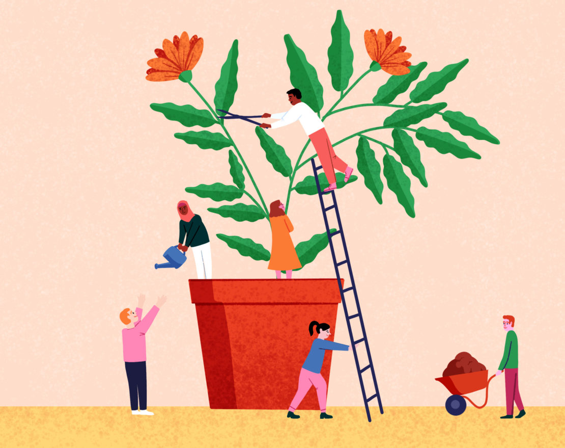 Illustration of diverse group of people working together to care for a large potted plant with orange flowers and green leaves.