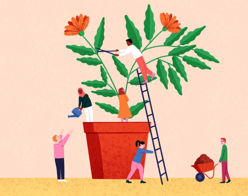 Illustration of diverse group of people working together to care for a large potted plant with orange flowers and green leaves.