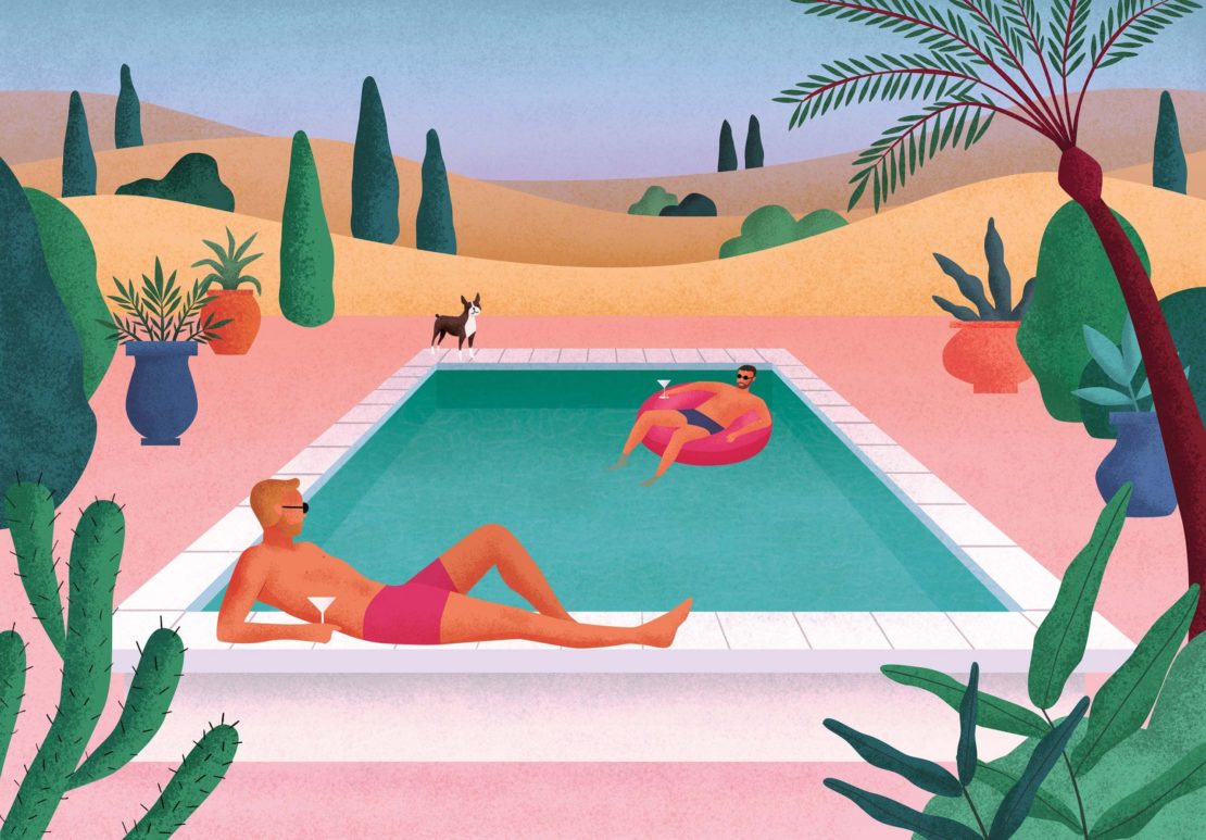 Illustration of two men relaxing by a pool with a dog in the background, against a landscape of desert hills and stylized trees.