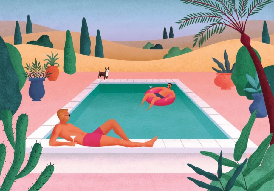 Illustration of two men relaxing by a pool with a dog in the background, against a landscape of desert hills and stylized trees.