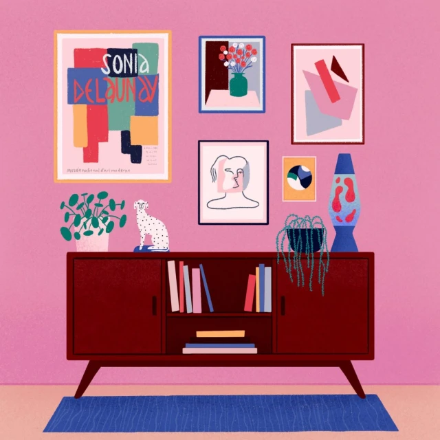 Illustrated room featuring a credenza, plants, and framed abstract art prints in pink, blue, and red tones.