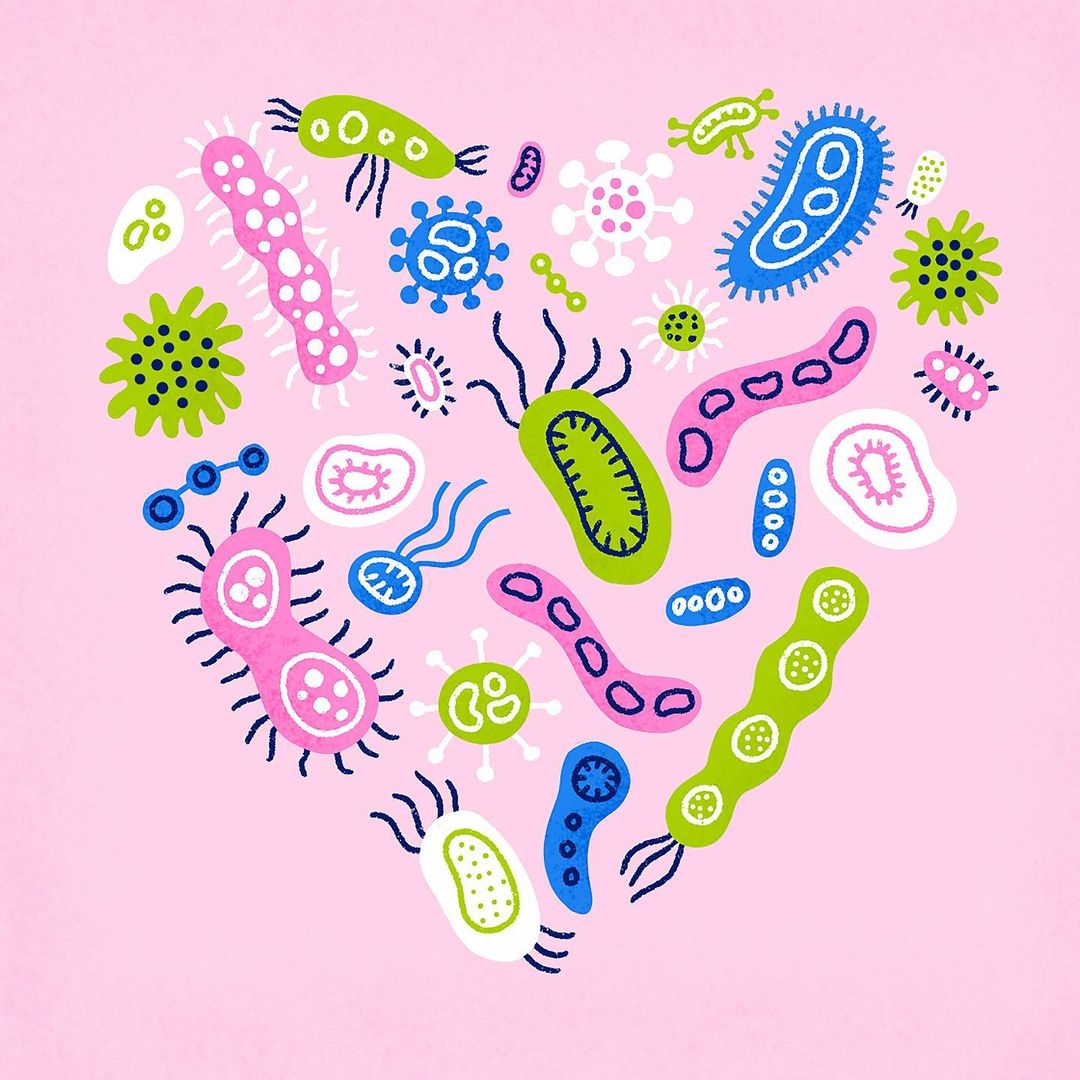 Graphic art illustration of various cartoon-style bacteria in a heart shape on a light pink background with a textured surface.