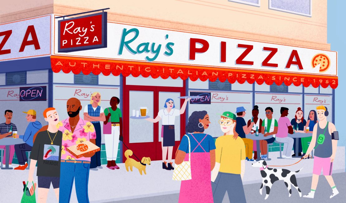 Animated illustration of people outside Ray's Pizza, enjoying food and walking dogs on a sunny day, showcasing a vibrant urban scene.