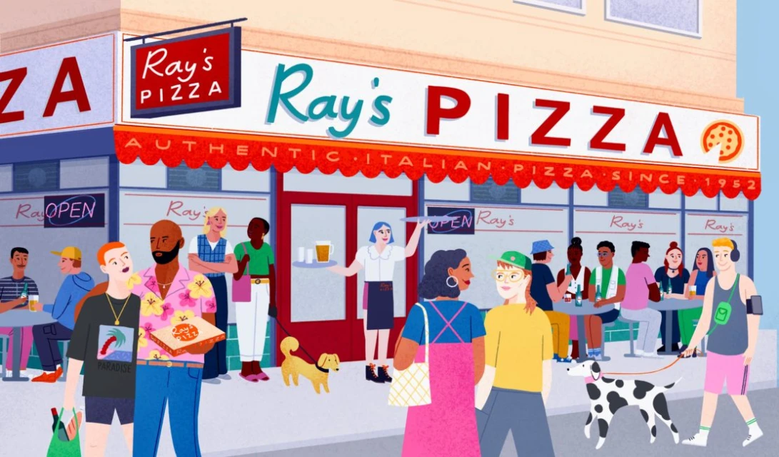 Animated illustration of people outside Ray's Pizza, enjoying food and walking dogs on a sunny day, showcasing a vibrant urban scene.