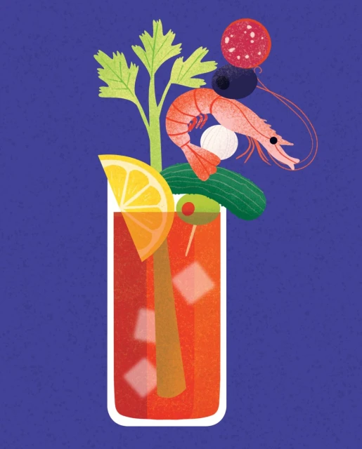 Bloody Mary cocktail illustration with celery stalk, lemon slice, green olive, shrimp, sausage, and other garnishes against blue background.