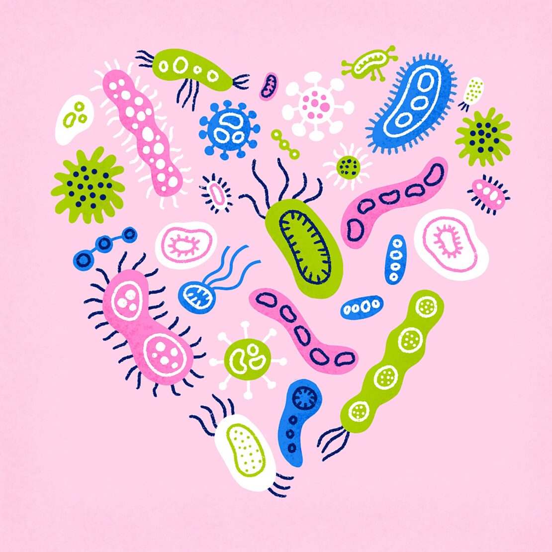 Illustration of various colorful bacteria and germs arranged in a heart shape on a light pink background, possibly representing healthcare.