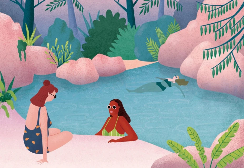 Illustration of three women in swimsuits relaxing in a blue pool surrounded by rocks, trees, and plants in a nature setting.