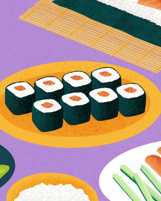 Illustration of sushi rolls on a yellow plate with bamboo mat, salmon, cucumber and rice on a violet textured surface.