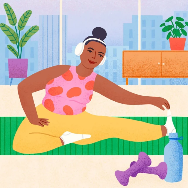 Illustration of an adult female stretching on a yoga mat at home, wearing headphones, with exercise equipment, plants, and city view through window.