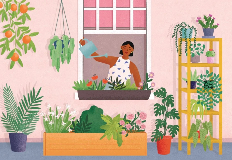 Illustration of a woman watering plants in a window box, with additional potted plants and foliage around a light pink background.