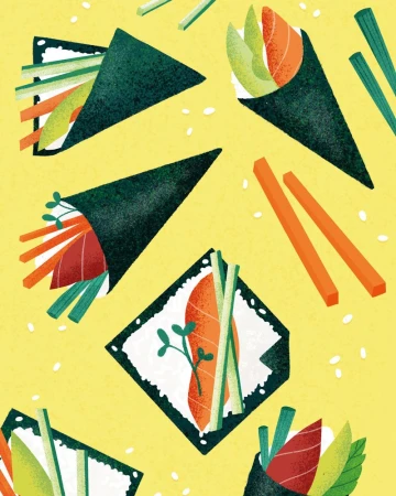 Illustration of temaki and maki sushi rolls with visible nori, rice, salmon, cucumber, avocado, and other vegetables on a yellow background.