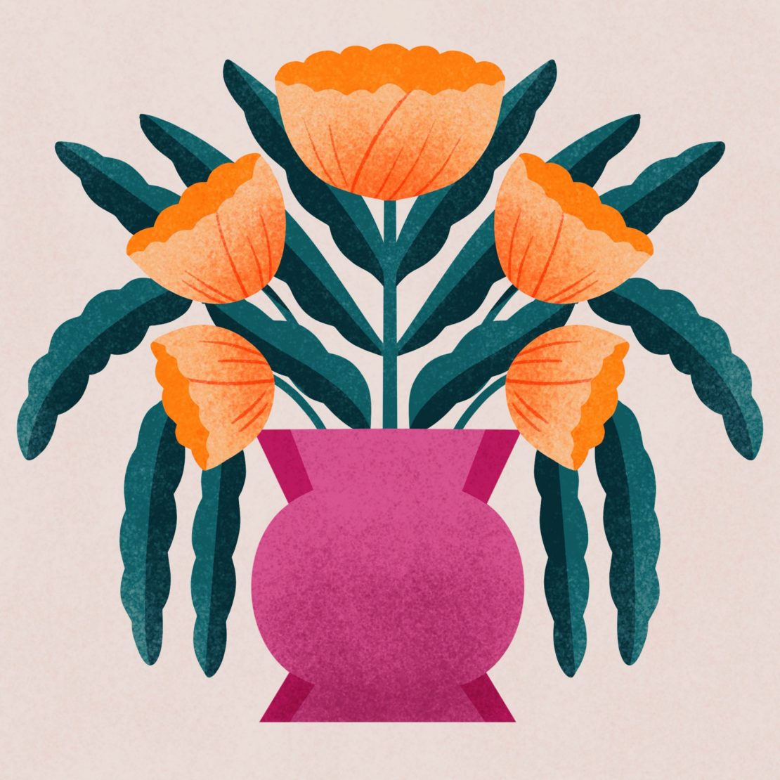 Stylized floral arrangement in a magenta vase against a light beige background, created with digital painting techniques.
