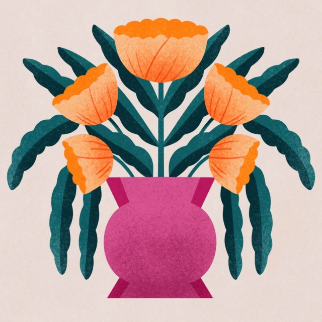 Stylized floral arrangement in a magenta vase against a light beige background, created with digital painting techniques.