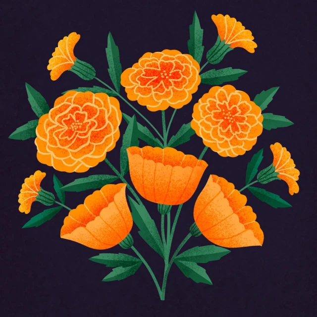 Illustration of golden marigold flowers with green stems and leaves arranged symmetrically against a dark background.