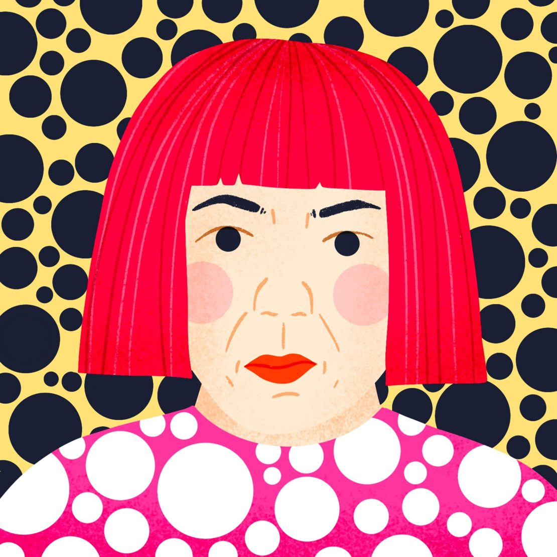 Illustration of an elderly woman with red hair and polka dot shirt against a background with black polka dots on yellow.
