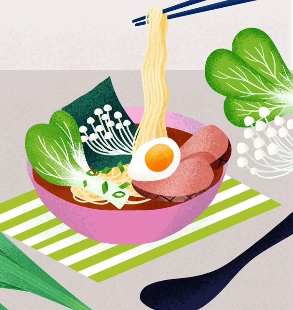 Illustration of ramen bowl with noodles, egg, pork, seaweed, bok choy, and mushrooms, topped with chopsticks in a bright, modern style.