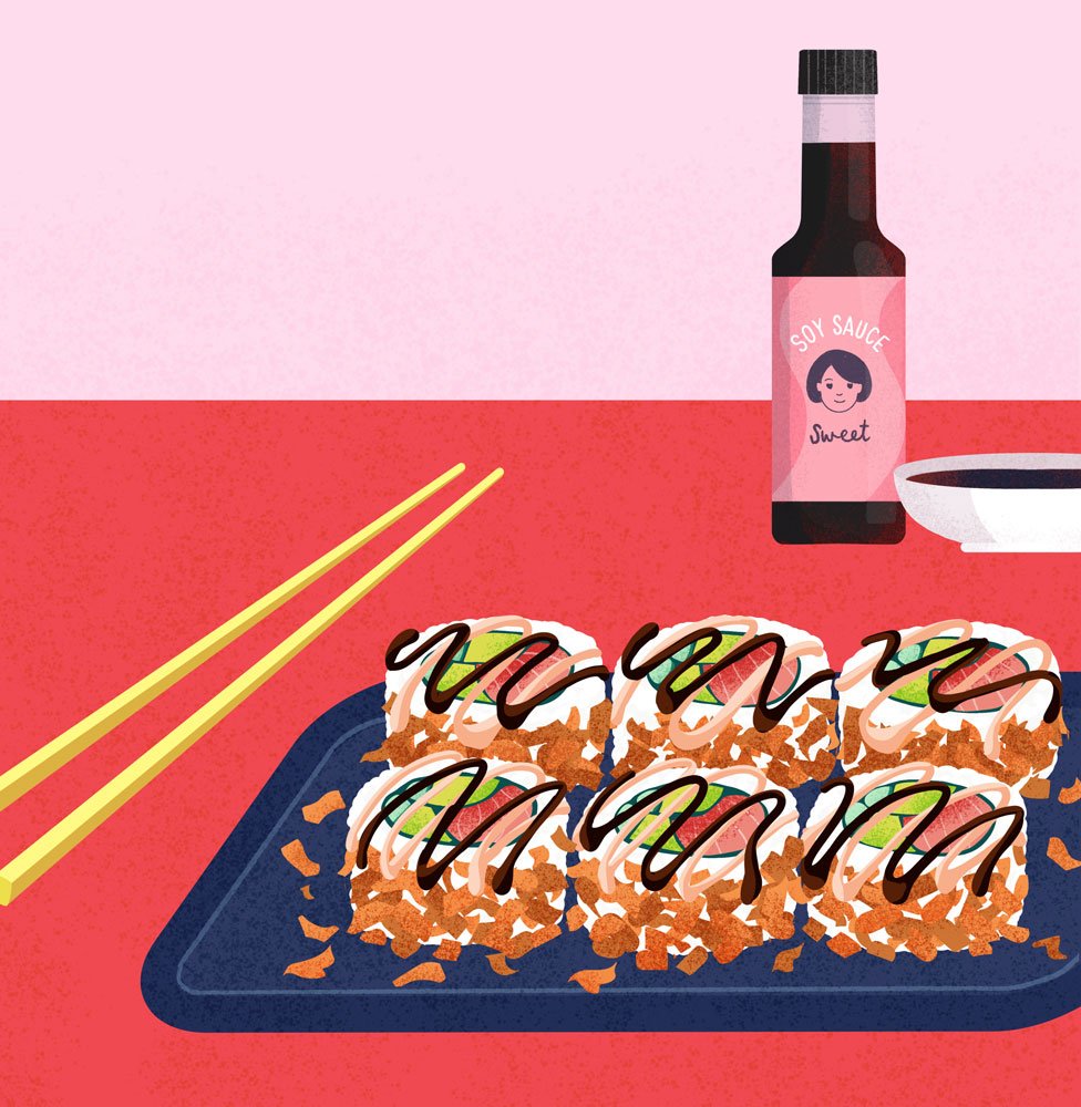 Illustrated sushi rolls on a blue plate, served with chopsticks, soy sauce, and a dipping bowl on a red and pink surface.