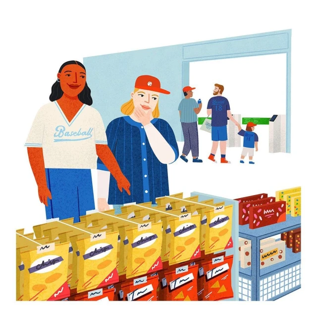 Illustration of two women in baseball attire shopping for snacks at a convenience store, with other shoppers in the background.