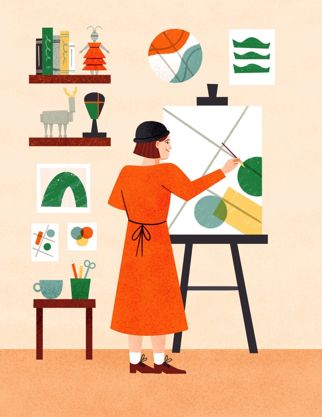 Illustration of an artist painting on a canvas in a room with shelves displaying books and art objects, creating a creative atmosphere.