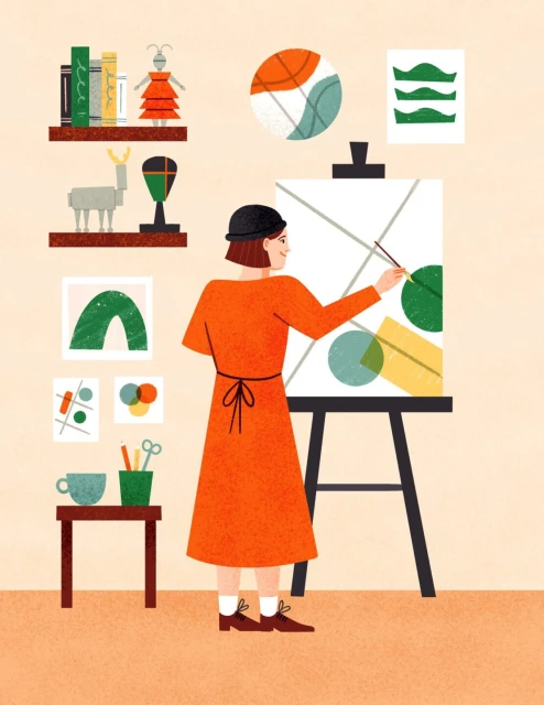 Illustration of an artist painting on a canvas in a room with shelves displaying books and art objects, creating a creative atmosphere.