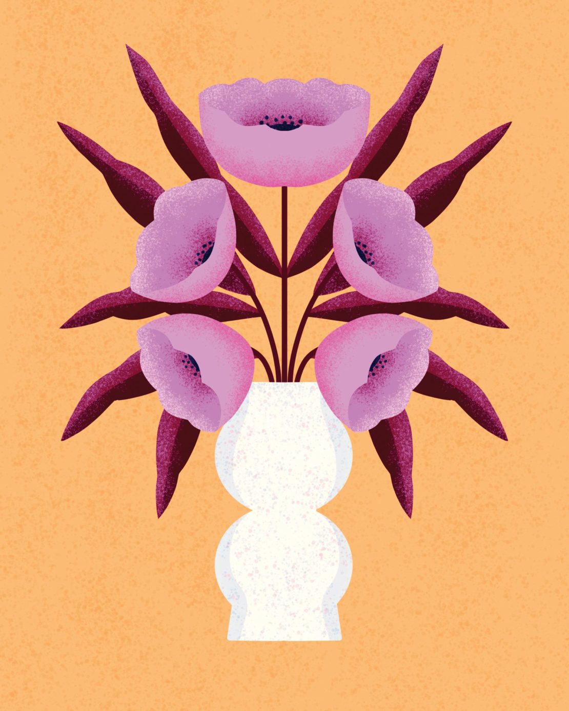 Illustration of a white vase holding purple flowers and maroon leaves against a textured peach background, creating a floral still life.