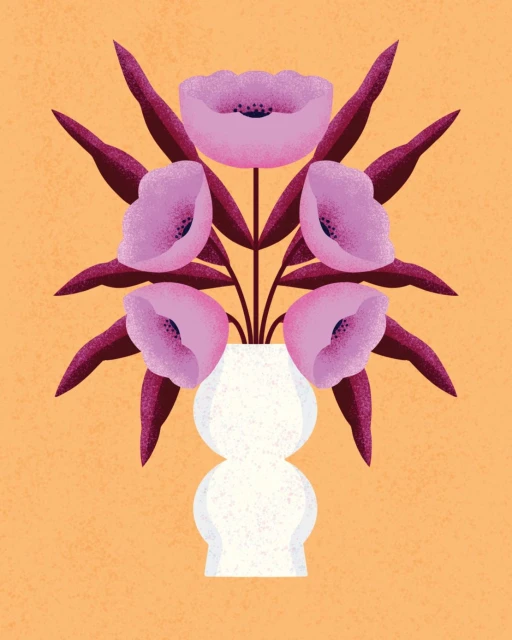 Illustration of a white vase holding purple flowers and maroon leaves against a textured peach background, creating a floral still life.