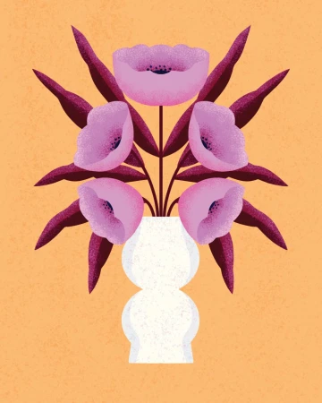 Illustration of a white vase holding purple flowers and maroon leaves against a textured peach background, creating a floral still life.