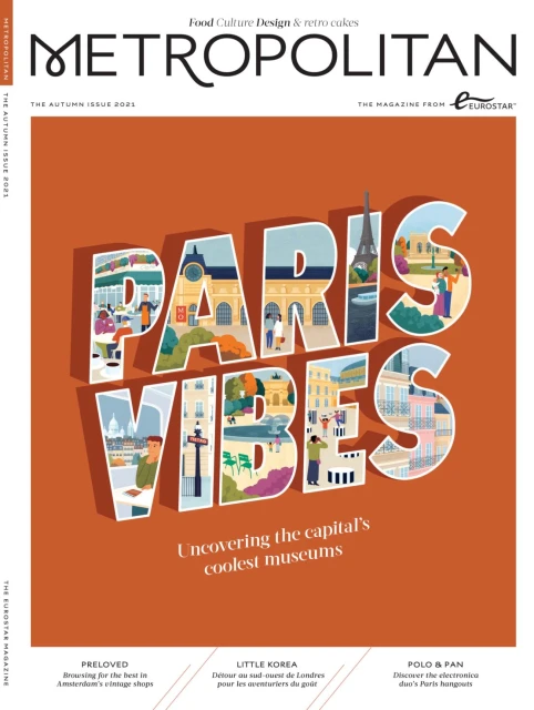 Metropolitan magazine cover, Autumn Issue, features 'Paris Vibes' in large text filled with Paris scenes against a warm orange background.