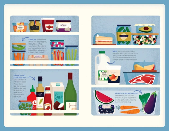 Illustration of a refrigerator interior with various food items on shelves, offering a visual guide to food storage.
